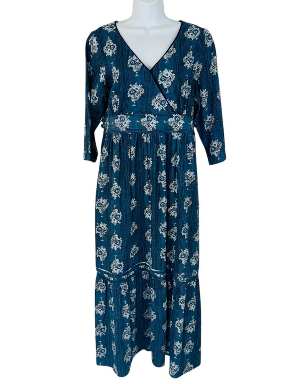 April Cornel Women's Size S Porcelain Hostess 3/4 Sleeve Blue Midi Dress NEW